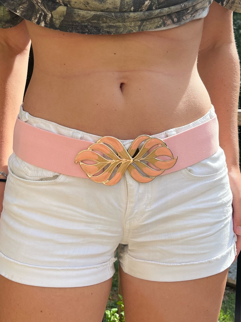 Vintage 80s Pink Elastic Statement Belt with Gold Leaf Buckle